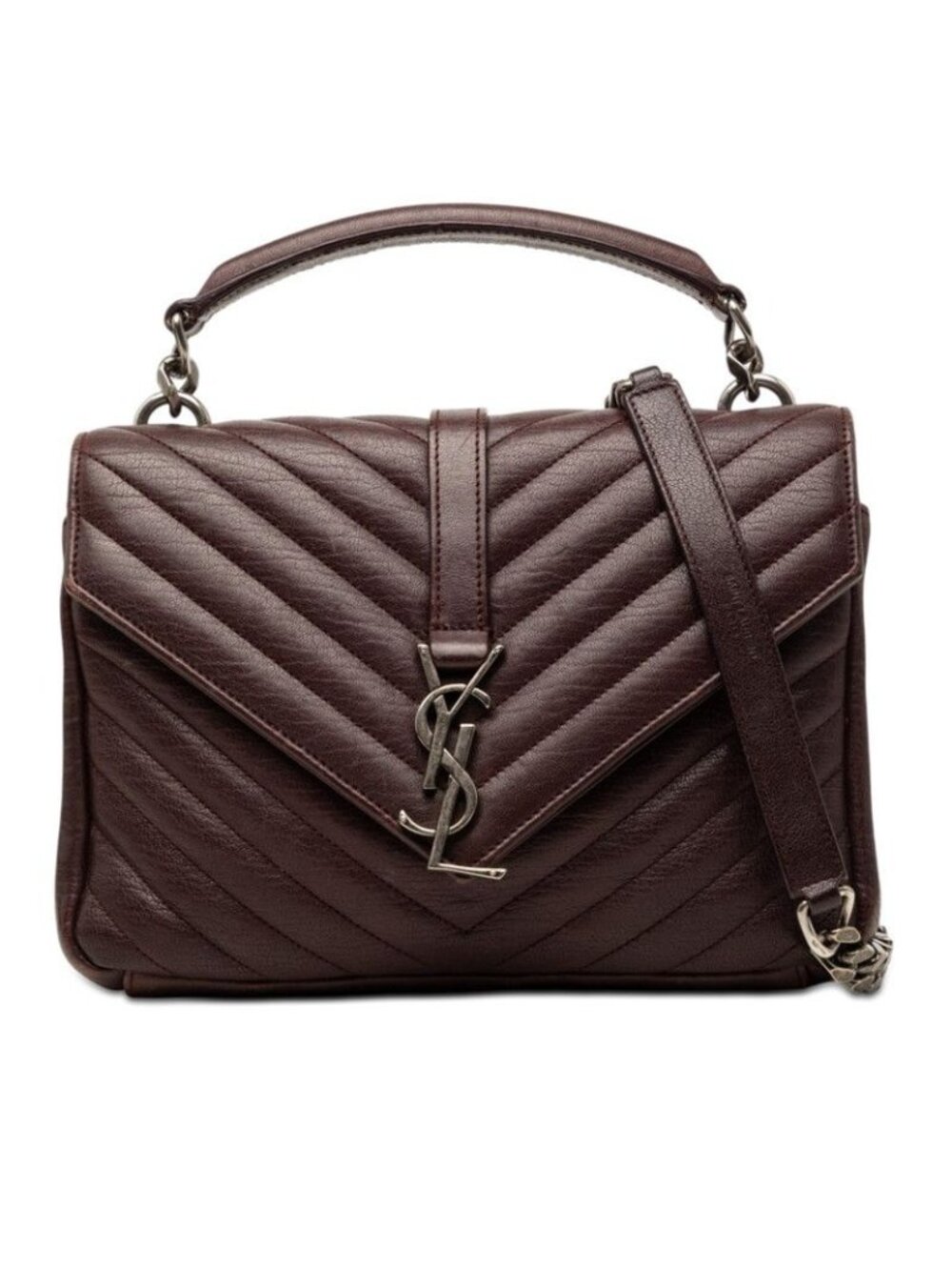 Saint Laurent Carre YSL Logo Chain Shoulder Bag 2-Way Dark Brown Leather